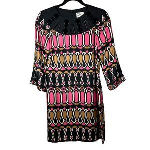 Milly of New York Size 4 100%‎ Silk Black Pink Tan Beaded 3/4 Sleeve Dress
